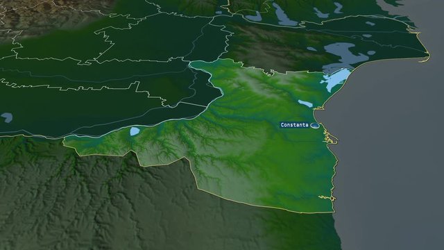 Constanța - county of Romania with its capital zoomed on the physical map of the globe. Animation 3D