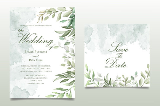 Greenery Watercolor Floral Wedding Invitation Template Card Design