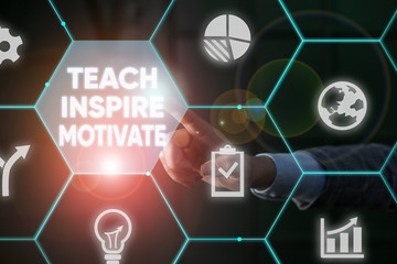 Writing note showing Teach Inspire Motivate. Business concept for Spark the Imagination to Feel the need to Learn Male human wear formal suit presenting using smart device