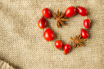 the fruits of freshly harvested wild rose lie on a beige sweater in the shape of a heart, autumn concept, flat lay