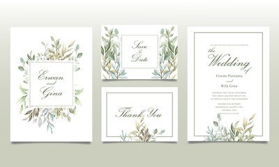 Greenery Elegant Wedding invitation card set with watercolor floral and leaves