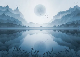Fotobehang Mountain landscape with lake reflections illustration, with setting moon and mist in valley. © mickblakey