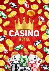 Casino poker cards, crown, chips and coins