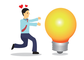 Businessman chasing after a giant light bulb. Concept of idea sourcing, innovation or creative thinking.