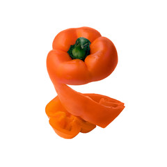 Spiral pepper. Tape sliced paprika isolated on white background.