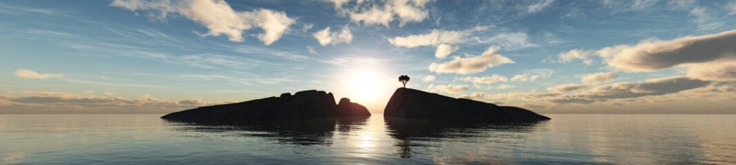 Panorama of ocean sunset near the rocky coast. 3d rendering.