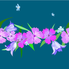 Seamless - pattern, carnations, bells, forget-me-nots. Wildflowers. Wallpaper, print. Green background, gradient.