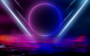 Empty dark street, reflection of neon light in the puddles of the night city. Neon circle in the center, magical glow, light, rays, smoke.