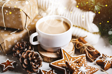 A Cup of hot cocoa and Christmas cookies. Merry Christmas and happy New year. Selective focus.