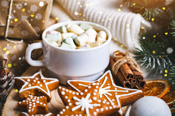 A Cup of hot cocoa and Christmas cookies. Merry Christmas and happy New year. Selective focus.