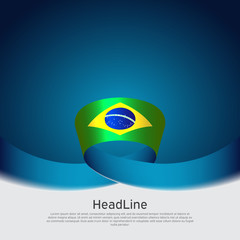 Brazil flag background. Wavy ribbon color flag of brazil on blue white background. National poster. Vector banner design. State patriotic flyer, cover