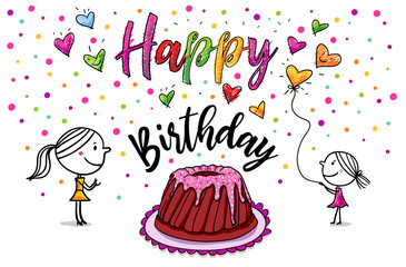 Colorful hand-drawn horizontal birthday card  illustration with a birthday cake surrounded by hearts, confetti, colors, a girl and a woman and text 