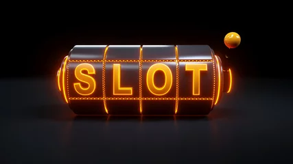 Foto op Plexiglas Casino Slot Machine Gambling Concept With Neon Orange Lights - 3D Illustration © Mikheil