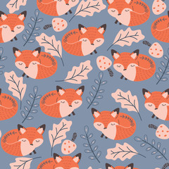Autumn Red Sleeping Fox Vector Seamless Pattern
