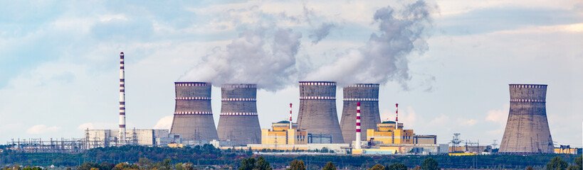 Nuclear power plant panorama in extreme resolution. Modern real nuclear power plant photo.