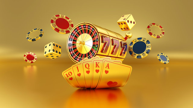 Gold Casino Slot, Poker Cards, Poker Chips And Dices On The Golden Background - 3D Illustration