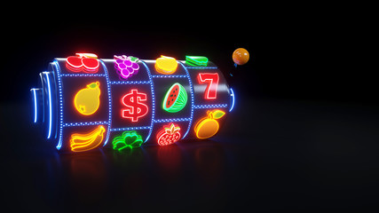 Slot Machine With Fruit Icons. Jackpot And Fortune. Casino Gambling Concept With Neon Lights - 3D Illustration