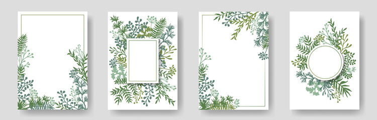 Rustic invitation cards with herbal twig branches wreath and corners border frames. - obrazy, fototapety, plakaty