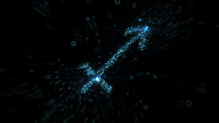 Glowing blue Sagittarius zodiac symbol built from flying blue particles in space - 294876131