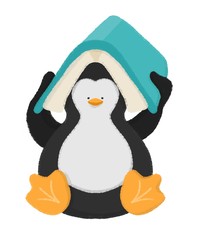Sitting penguin putting a book on head