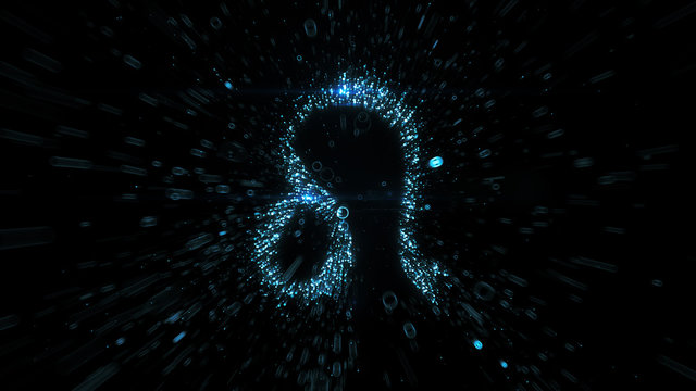 Glowing blue Leo zodiac symbol built from flying blue particles in space