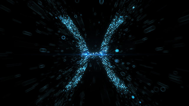 Glowing blue Pieces zodiac symbol built from flying blue particles in space