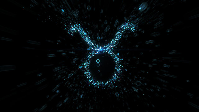 Glowing blue Taurus zodiac symbol built from flying blue particles in space