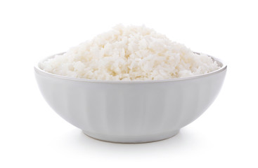 Rice in a bowl on a white background. full depth of field