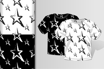 Two seamless patterns T-shirt and mock up with starlets Concept for design of fabric and paper for printing