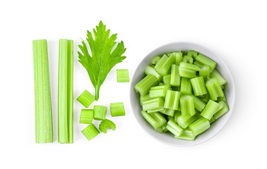 Top view of celery in white bowl isolated on white background. top view