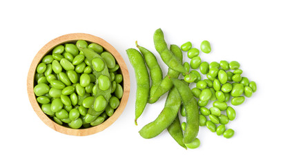Green soy beans  on white background top view.