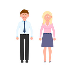 Young brown hair business man in dark grey pants and blonde hair woman in pink shirt vector illustration. Front view standing boy and girl cartoon character set on white background