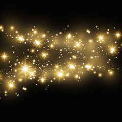 Confetti glittering wave. Vector golden sparkling comet tail on black background. - Vector