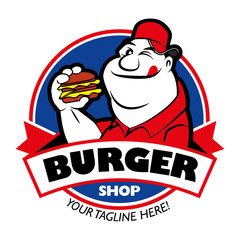 Cartoon hungry fat man with red cap holding a burger on signage  round background - vector logo