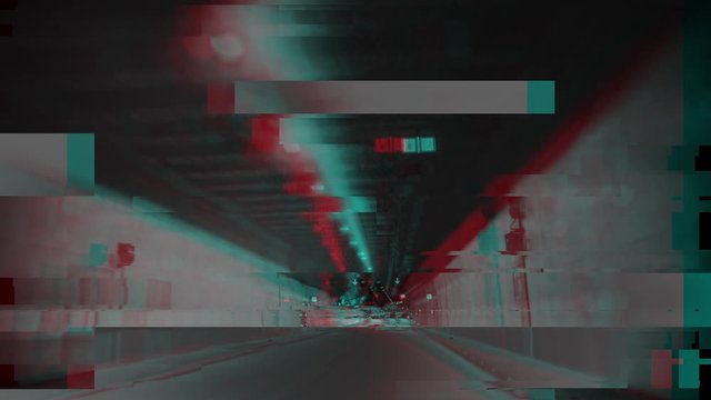 Tunnel ride, car dashboard camera pov with glitch effect