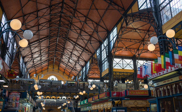 Budapest, Hungary - 4 august 2018:  interior  of  the market in the city. The Central Market (in Hungarian Nagycsarnok) is the largest and oldest covered market in Budapest.