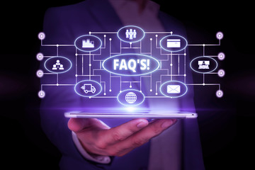 Word writing text Faq. Business photo showcasing a list of questions and answers relating to a particular subject Male human wear formal work suit presenting presentation using smart device