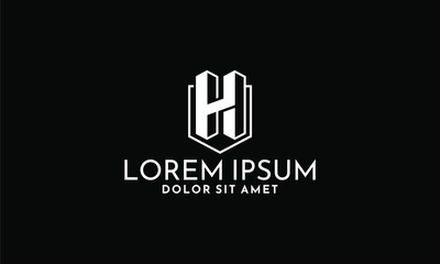 Initial letter H logo template with 2 high rise buildings and shield line art symbol in flat design monogram illustration