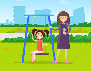 Teen girls in park on swing, playground and ice cream. Outdoor activity, friends on meadow swinging and eating summer dessert, leisure pastime. Vector illustration in flat cartoon style