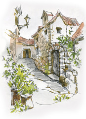 Watercolor sketch of old street fragment. Traditional watercolor, - 294882725