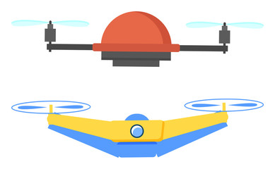 Drone set, isolated machinery with propeller and metal corpus. Flying objects with wings and camera for surveillance and filming quadrocopter. Vector illustration in flat cartoon style