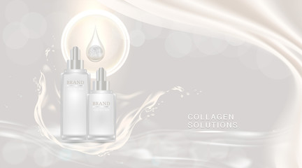 Beauty product ad design, white cosmetic containers with collagen solution advertising background ready to use, luxury skin care banner, illustration vector.