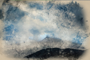 Digital watercolor painting of Moody and dramatic Winter landscape image of Moel Saibod from Crimpiau in Snowdonia