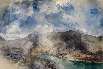 Digital watercolor painting of Beautiful landscape image of Dinorwig Slate Mine and snowcapped Snowdon mountain in background
