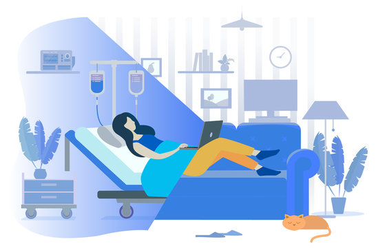 Woman Patient Lying In Hospital Or At Home Using Laptop, Doctor Online. Person With Dropper, Communication With Laptop And Treatment, Healthcare App. Vector Illustration In Flat Cartoon Style