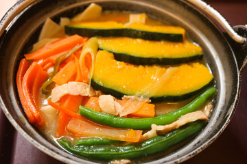 Ramen with pumpkin and carrot. japanese noodle is delicious. Healthy food concept.