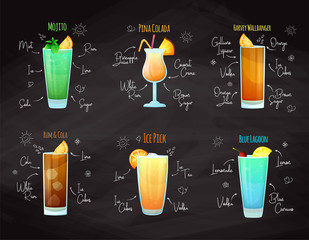 Recipes for different cocktails. Mojito, Pina Colada, Blue Lagoon and others. Vector - obrazy, fototapety, plakaty