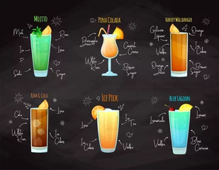 Foto op Plexiglas Recipes for different cocktails. Mojito, Pina Colada, Blue Lagoon and others. Vector © arkadiwna