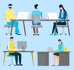 Worker communication with laptop, man and woman sitting at desktop with coffee. International business, employees corporate, teamwork technology. Vector illustration in flat cartoon style