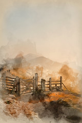 Digital watercolour painting of Stunning Winter sunrise landscape image of The Great Ridge in the Peak District in England with a cloud inversion and mist in the Hope Valley